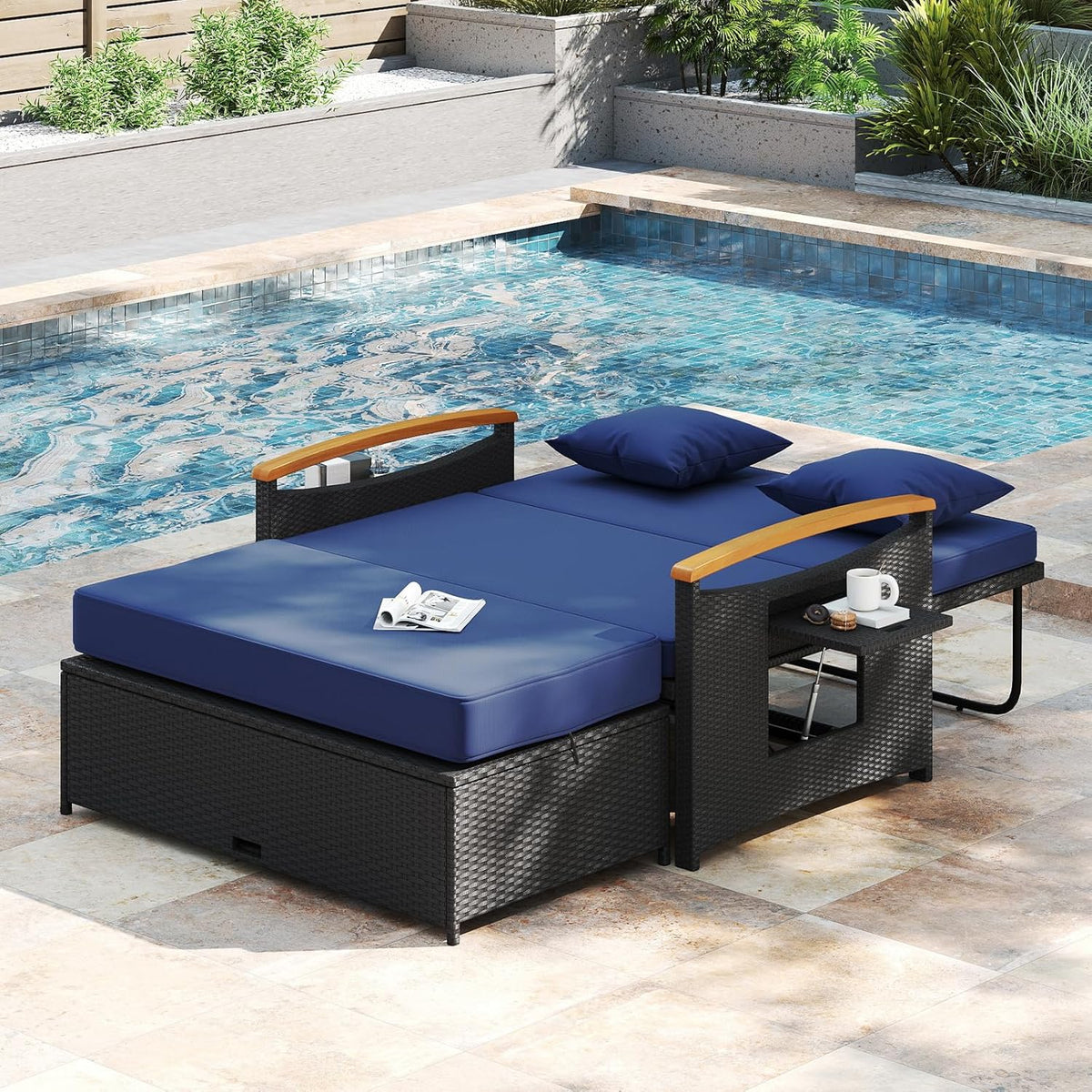 Moccha Outdoor Wicker Daybed, Patio Rattan Loveseat Sofa w/ 4-Level Adjustable Backrest, Folding Panels, Storage Ottoman & Cushions, Lounge Furniture Set for Poolside Backyard Porch (Navy & Black)