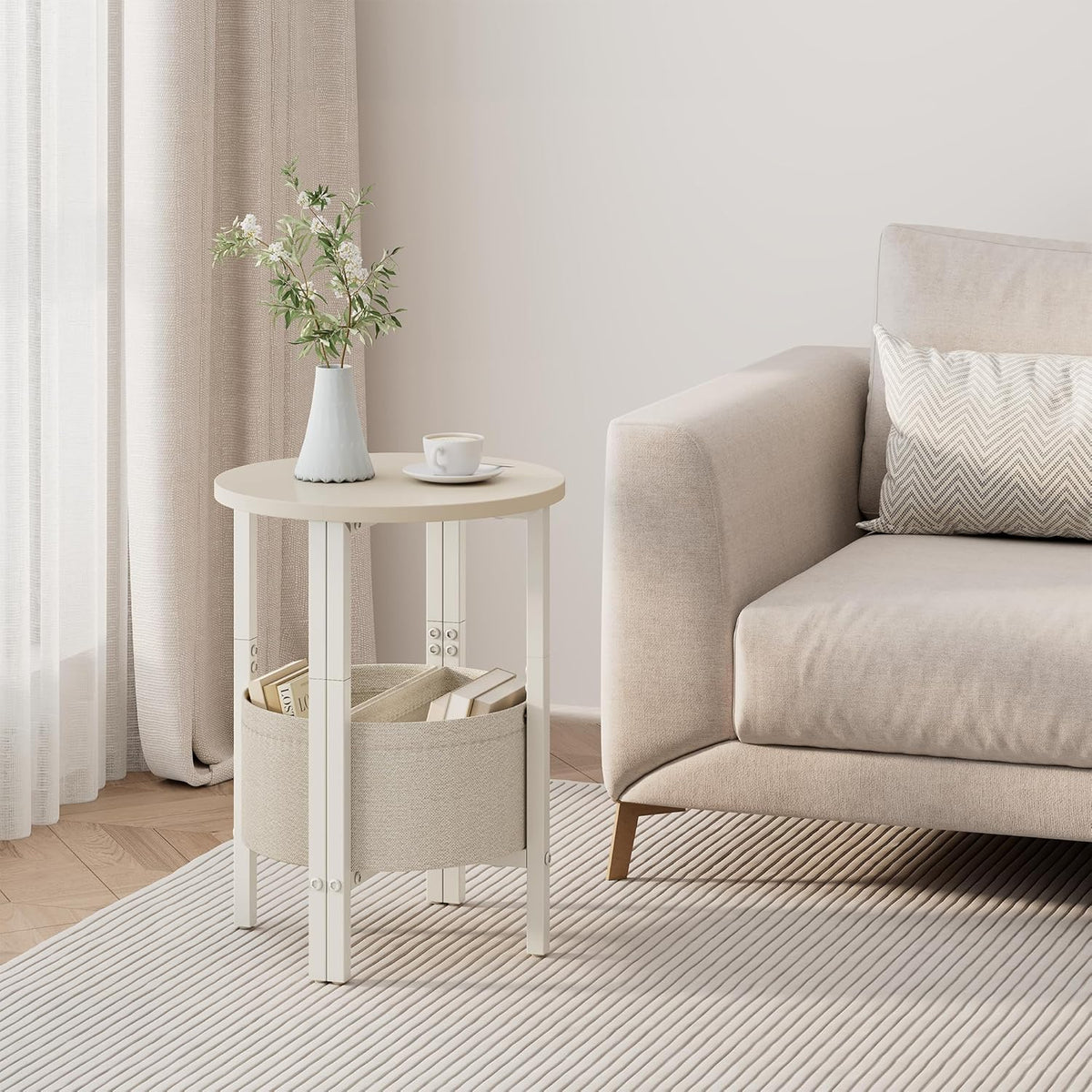 Vagusicc Small Round Side Table End Table, Tall Accent Table with Storage Basket, Set of 2 Half Round Tables Half Moon Tables, Coffee Bedside Tables, Modern Nightstand for Living Room Bedroom, Cream