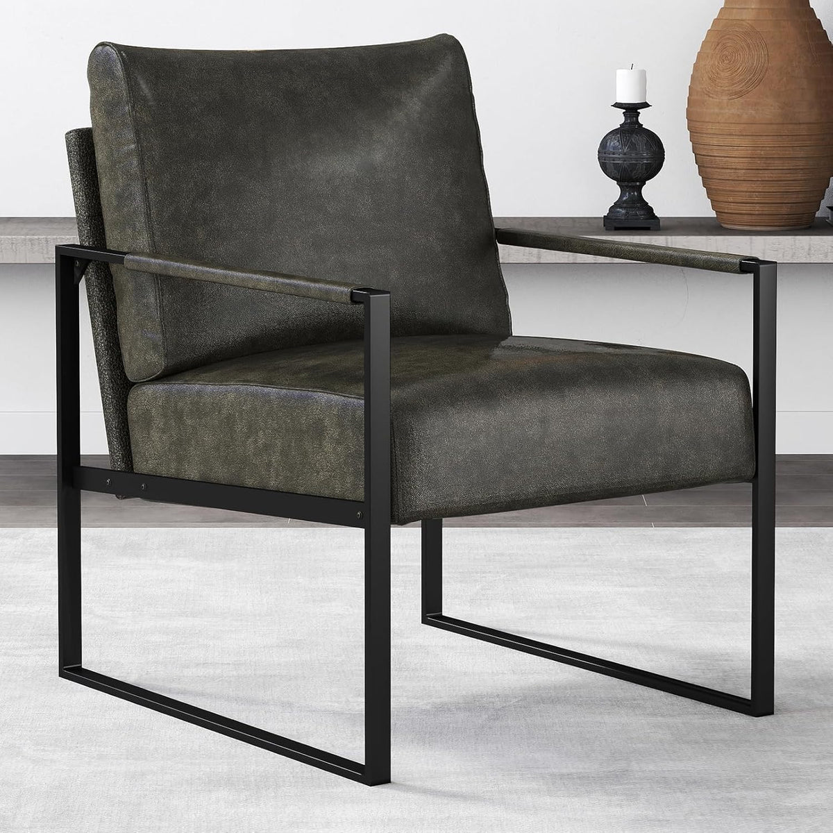 CANMOV Modern Accent Chair Set of 6, PU Leather Armchair with Metal Frame,Comfy Single Reading Chair with Soft Padded Backrest and Cushion for Living Room, Bedroom,Reading Room,Office,Dark Grey
