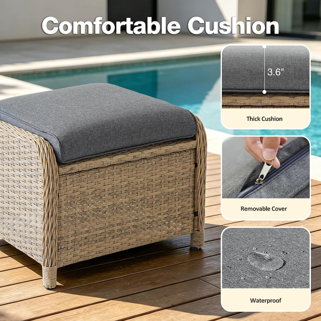 Patio Ottomans Set of 2 with 3.6" Thick Cushions, Wicker Outdoor Couch Extension Set, Wicker Footstool All-Weather Rattan Seating Accessory for Backyard Furniture