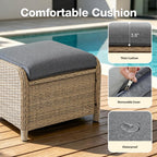 Patio Ottomans Set of 2 with 3.6" Thick Cushions, Wicker Outdoor Couch Extension Set, Wicker Footstool All-Weather Rattan Seating Accessory for Backyard Furniture