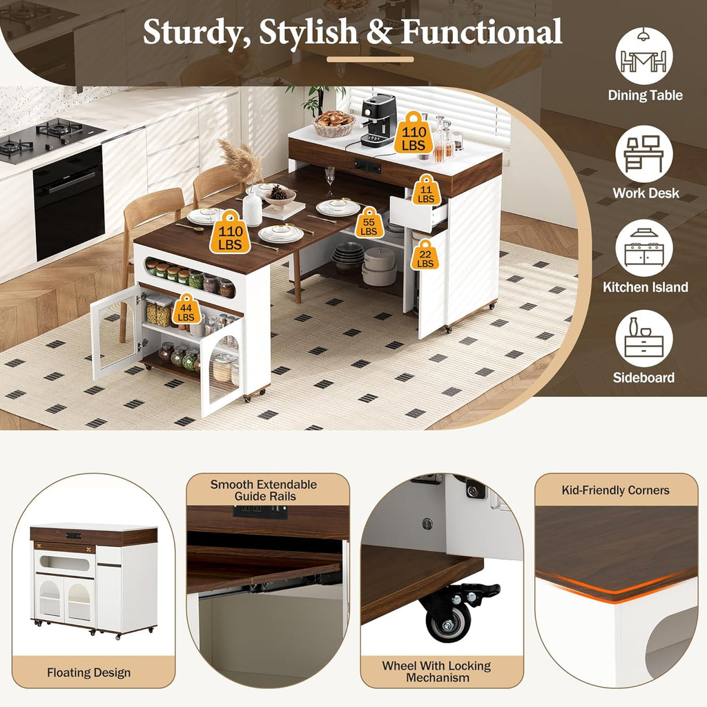 Extendable Dining Table with Extra-Long Folding Top, Rolling Kitchen Island with Storage Cabinet, Drawer, Glass Doors, Power Outlet and Brake Lock, Walnut/Creamy White
