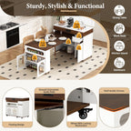 Extendable Dining Table with Extra-Long Folding Top, Rolling Kitchen Island with Storage Cabinet, Drawer, Glass Doors, Power Outlet and Brake Lock, Walnut/Creamy White