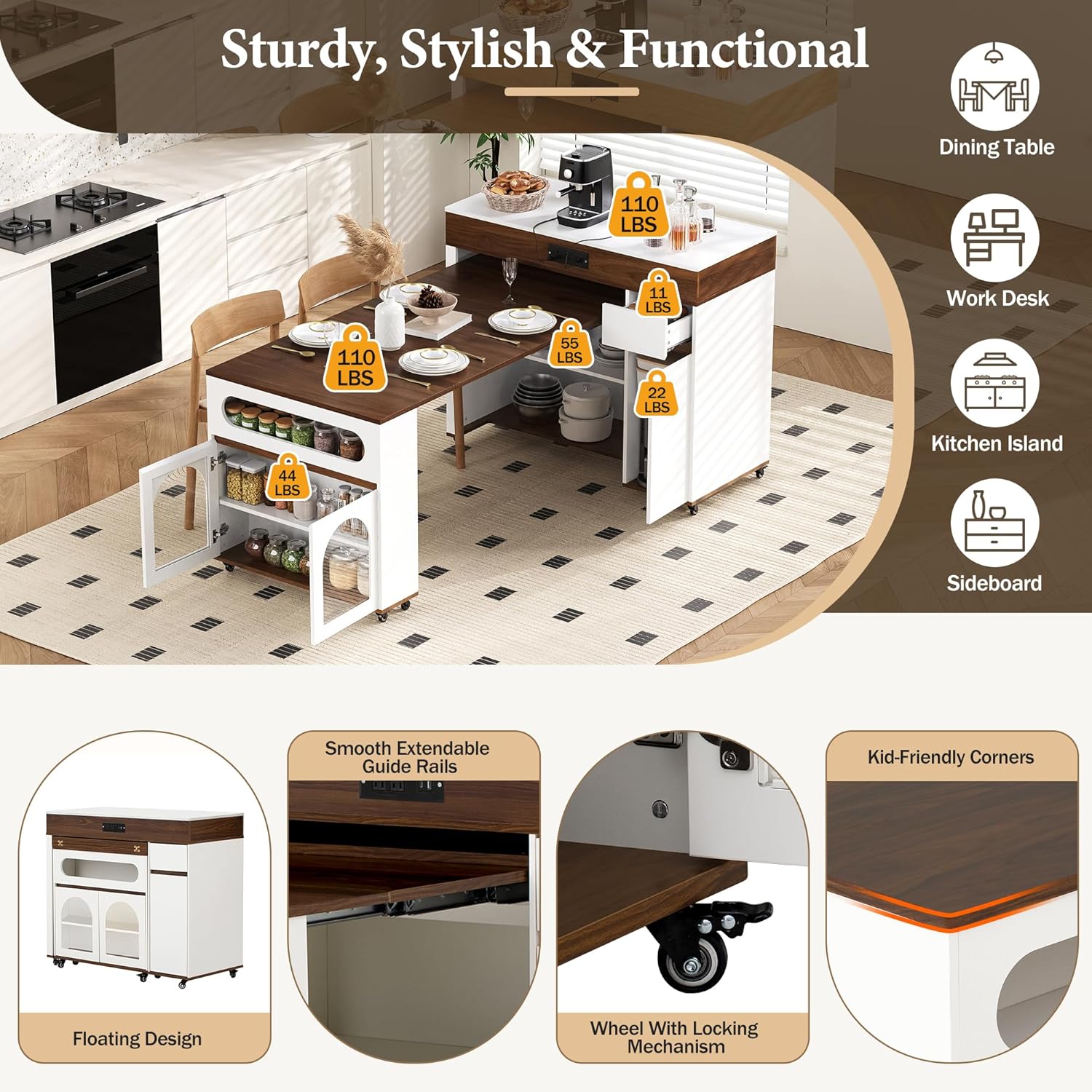 Extendable Dining Table with Extra-Long Folding Top, Rolling Kitchen Island with Storage Cabinet, Drawer, Glass Doors, Power Outlet and Brake Lock, Walnut/Creamy White