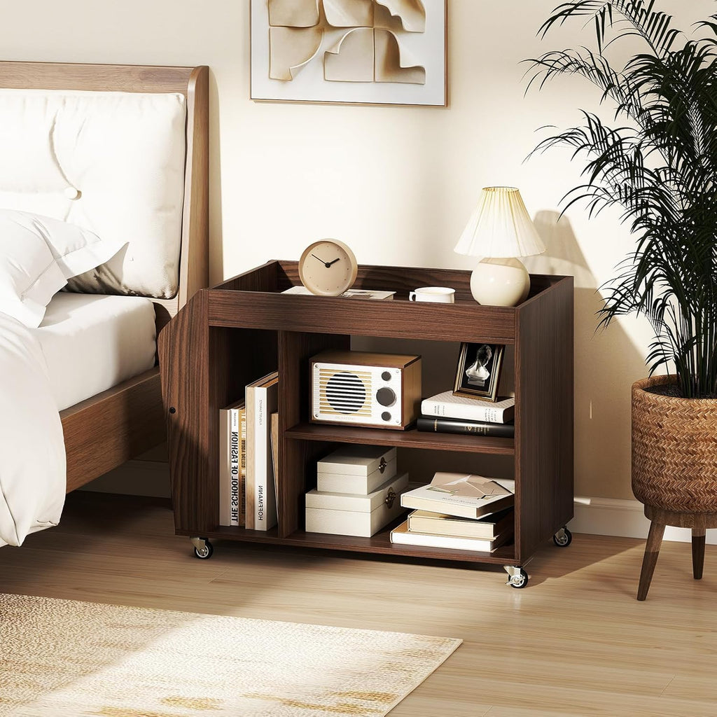 Giantex Rolling End Table with Storage, 3-Tier Side Table with Magazine Rack & Open Shelves, 4 Universal Wheels, Farmhouse Mobile Lateral Filing Cabinet for Study Living Room Bedroom