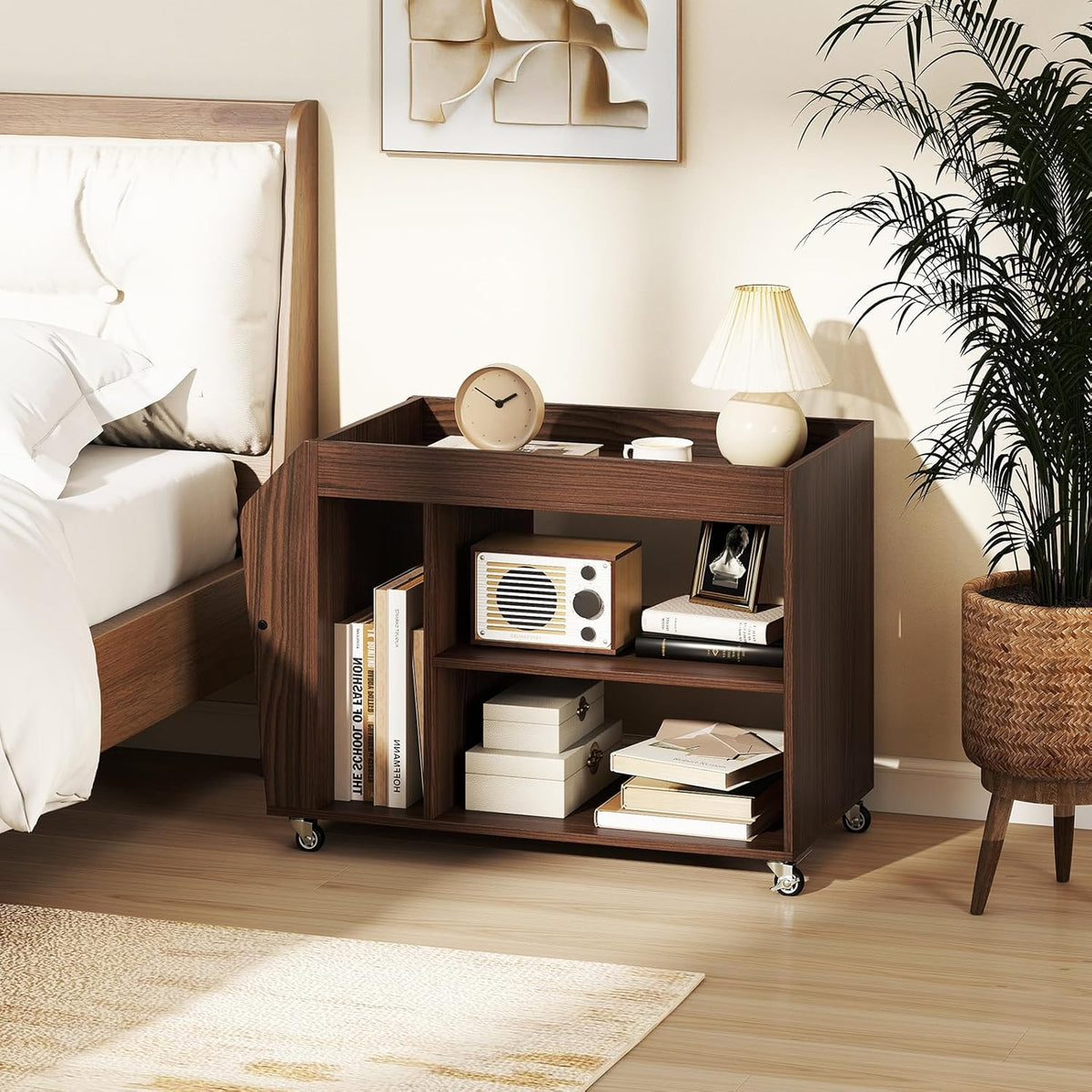 Giantex Rolling End Table with Storage, 3-Tier Side Table with Magazine Rack & Open Shelves, 4 Universal Wheels, Farmhouse Mobile Lateral Filing Cabinet for Study Living Room Bedroom