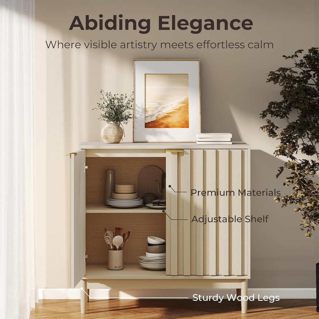Fluted Cabinet with Storage, Buffet Cabinet Sideboard with 2 Doors, Beige Buffet Storage Accent Cabinets with Adjustable Shelves for Living Room, Entry, Hallway, Kitchen