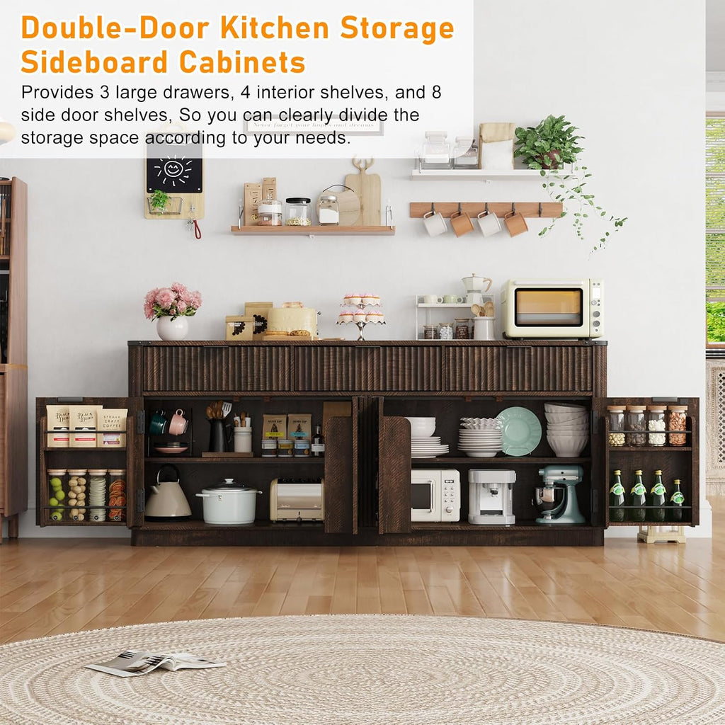 70” Rounded Edge Large Sideboard Buffet Cabinet with 3 Storage Drawers,Farmhouse Kitchen Fluted Sideboard Cabinet w 4 Door Shelves,Wood Coffee Bar Cabinets,Kitchen Pantry (Rustic Brown)