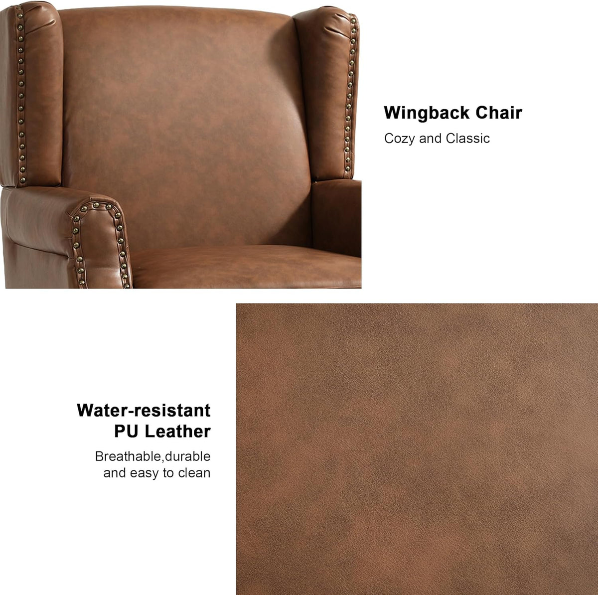 PU Leather High Back Accent Chair, Upholstered Armchair with Solid Wood Legs, Comfy Wingback Reading Single Sofa Chair for Small Spaces, Living Room, Bedroom(Leather Brown, Set of 2)