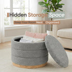 Round Storage Ottoman with Tray Lid, Folding Chenille Fabric Footrest with Hidden Storage, 22.8" Large Footstool Side Table for Dorm Living Room Bedroom, Wood Grain Base, Grey