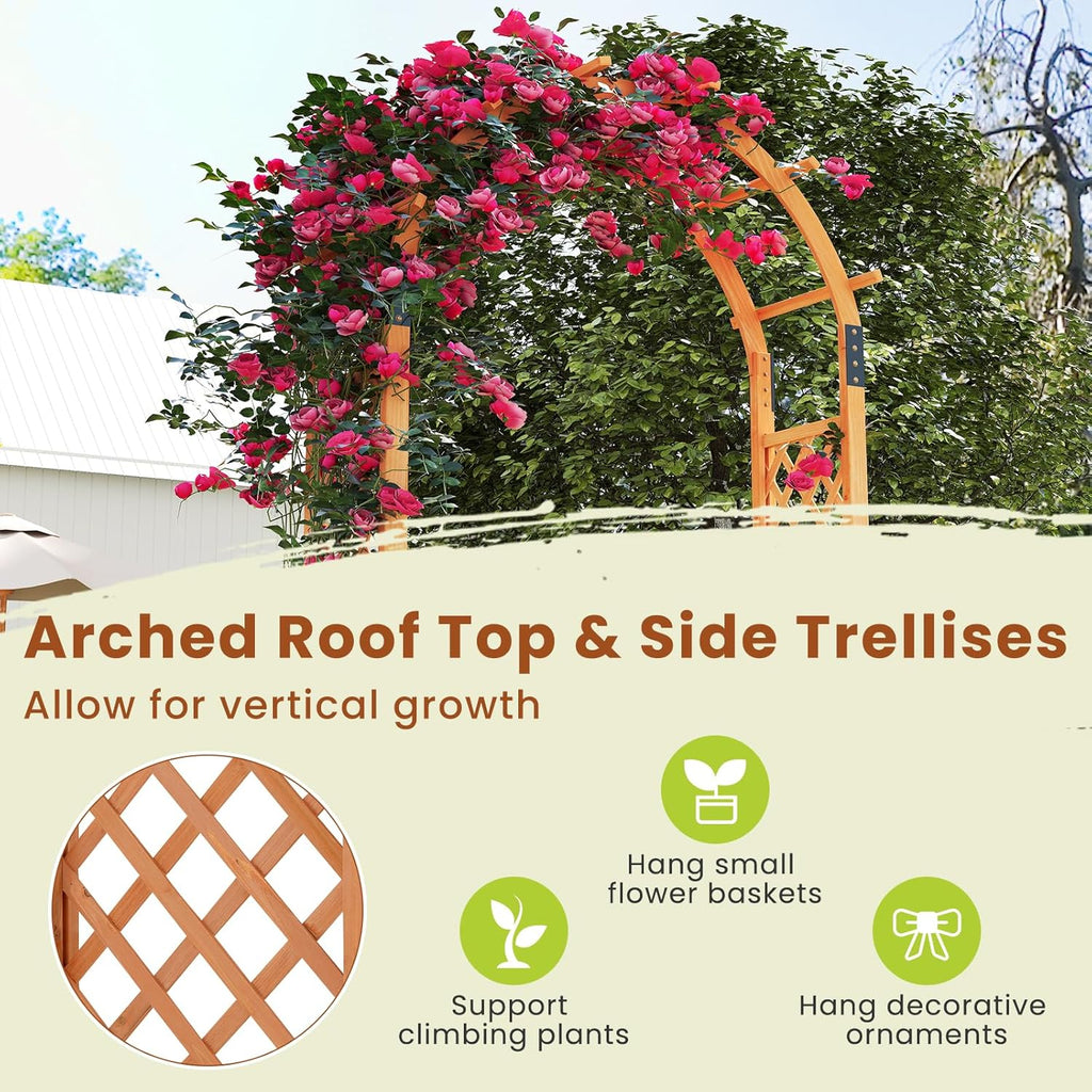 HAPPYGRILL 7.7 FT Wooden Garden Arbor, Outdoor Wood Garden Trellis for Climbing Plants, Wedding Arch Pergola for Ceremonies Parties, Solid Wood Backdrop Stand, Greenhouse Patio Lawn Decoration