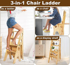 4 Step Foot Stool Chair 3 in 1 Wooden Library Ladder Solid Folding Portable Wood Display Stand Flower Rack Indoor Stepladder Shoe Bench for Home, Library, Kitchen, Office