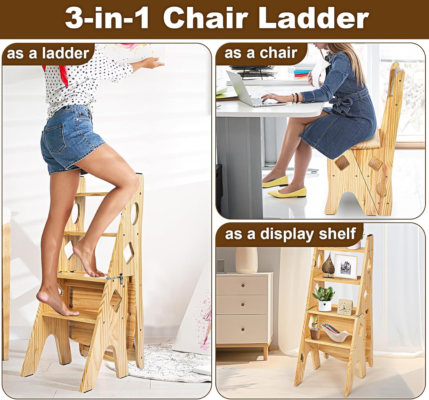 4 Step Foot Stool Chair 3 in 1 Wooden Library Ladder Solid Folding Portable Wood Display Stand Flower Rack Indoor Stepladder Shoe Bench for Home, Library, Kitchen, Office
