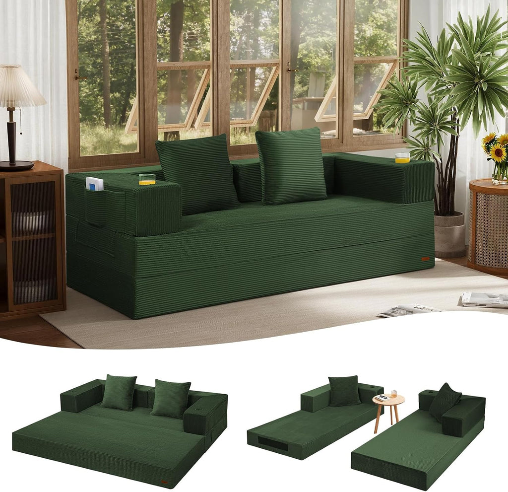 COMAX Queen Couch, 79" Futon Sofa Bed Couches for Living Room | Convertible Sleeper Sofa Corduroy Couch Bed Foam in a Box, Foldable Cloud Couch Floor, Green