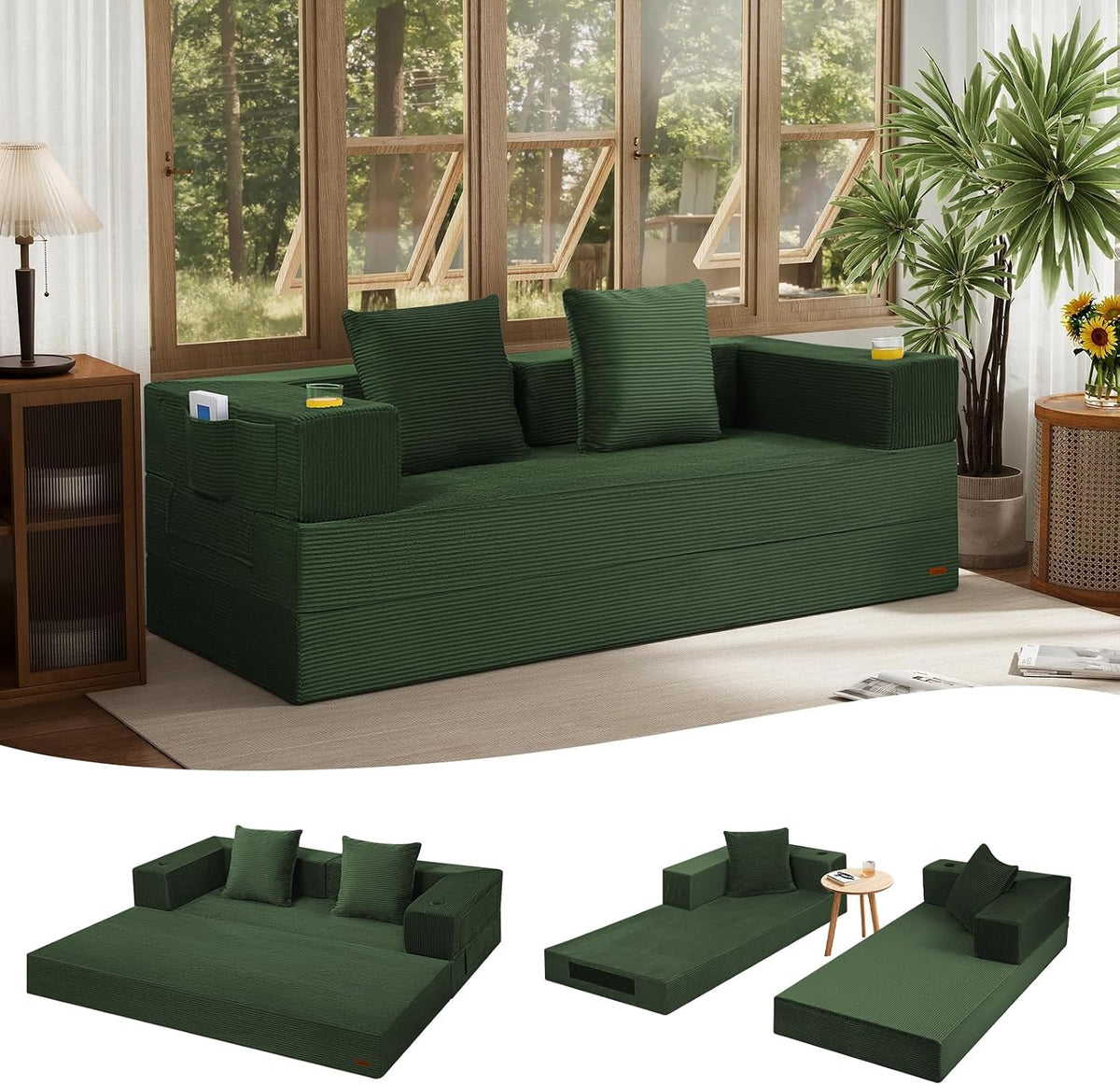 COMAX Queen Couch, 79" Futon Sofa Bed Couches for Living Room | Convertible Sleeper Sofa Corduroy Couch Bed Foam in a Box, Foldable Cloud Couch Floor, Green