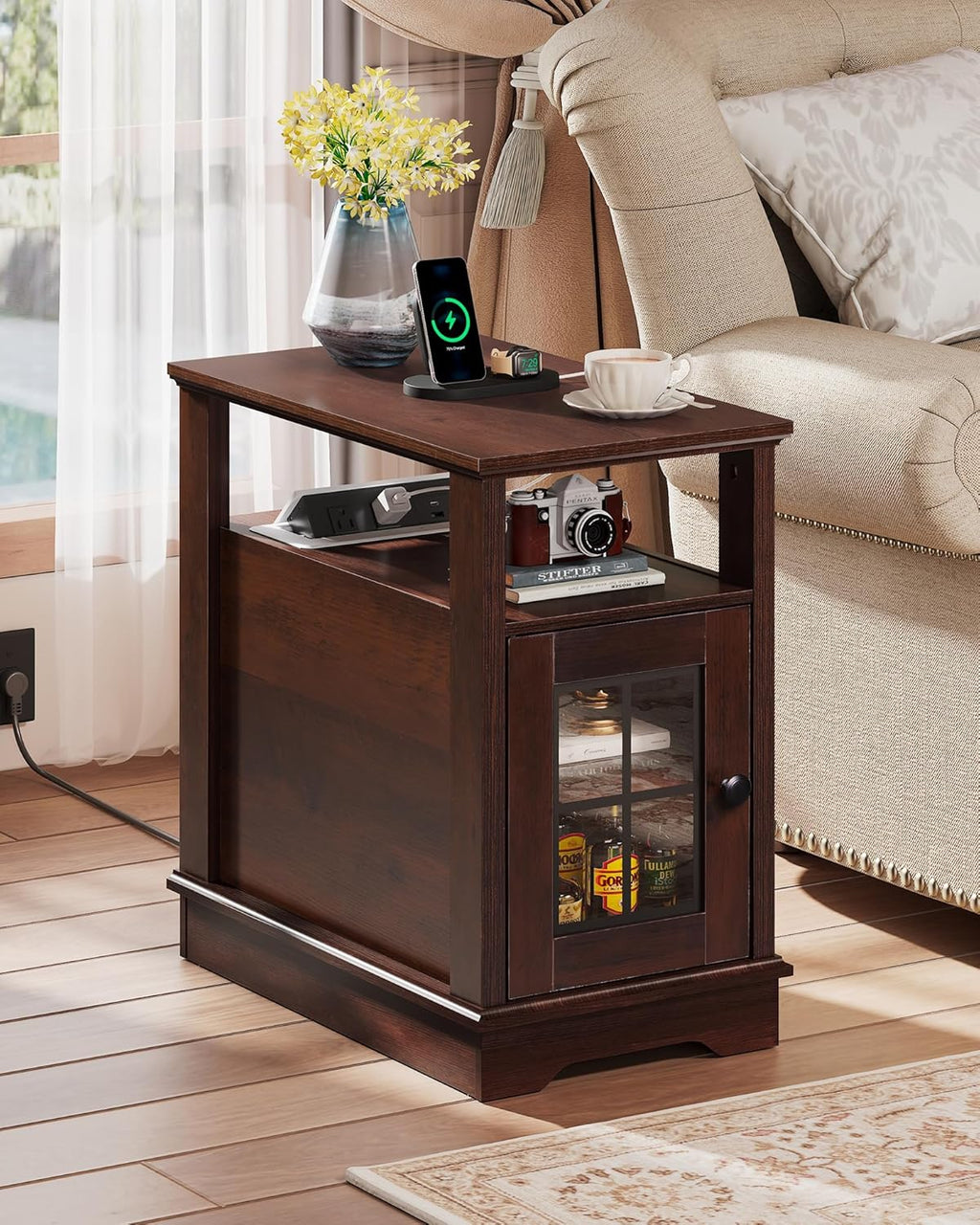 WLIVE Farmhouse End Table with Charging Station, Narrow Side Table with Storage, Small Nightstand with USB Ports and Outlets ，Bedside Cabine for Bedroom, Living Room,Espresso