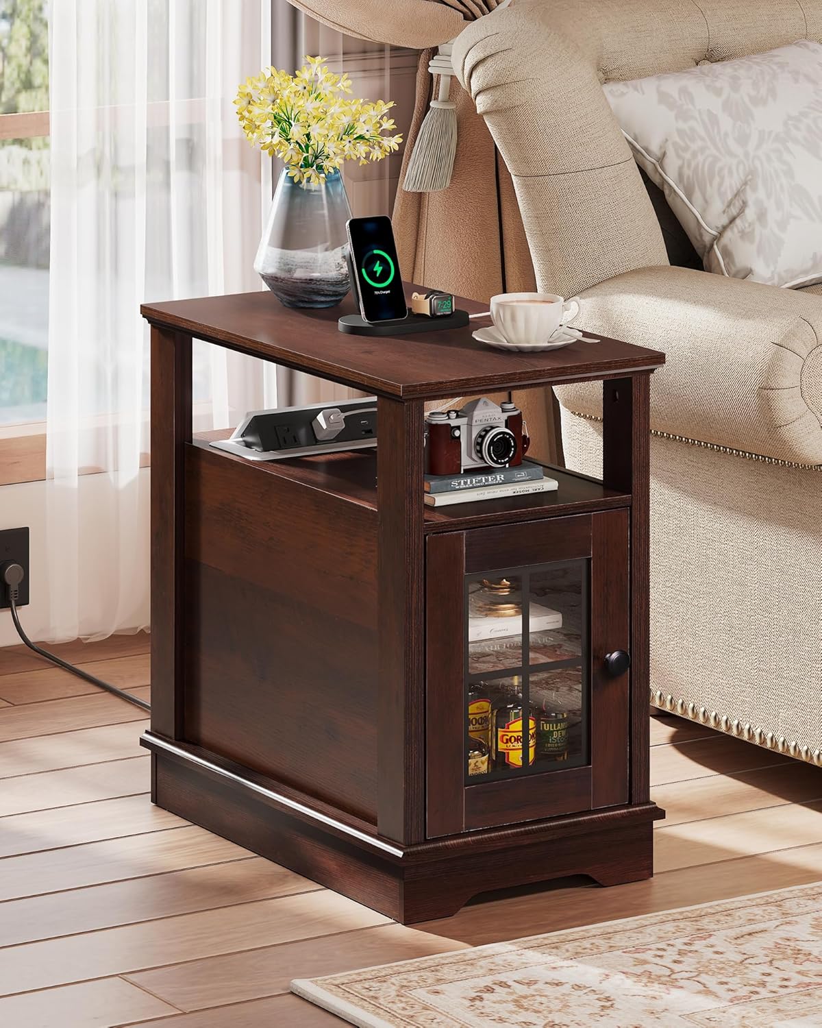 WLIVE Farmhouse End Table with Charging Station, Narrow Side Table with Storage, Small Nightstand with USB Ports and Outlets ，Bedside Cabine for Bedroom, Living Room,Espresso