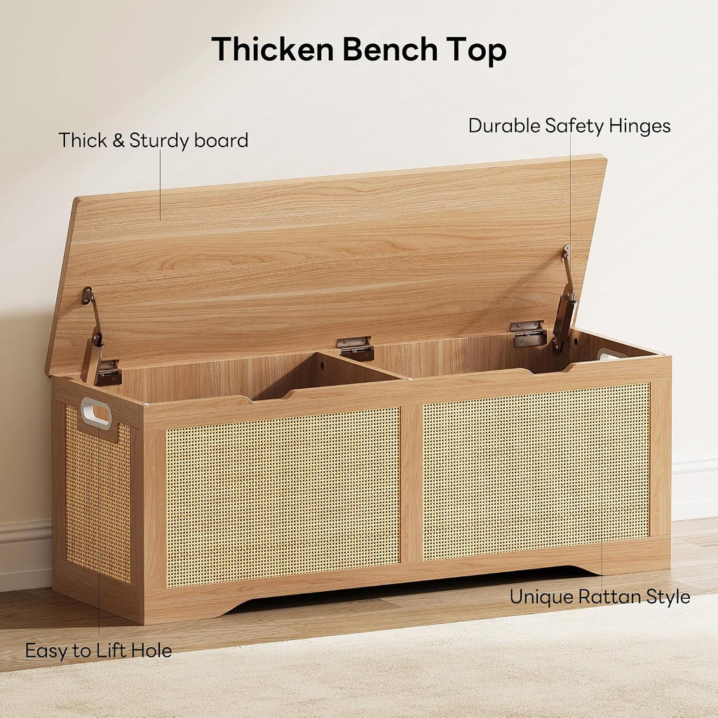 LIKIMIO 47.2" Rattan Storage Ottoman Bench Chest, Rustic Wood | Vintage brown rattan and wood frame; 330 lb support and 47.2 x 15.8 x 17.7 in size.