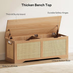 LIKIMIO 47.2" Rattan Storage Ottoman Bench Chest, Rustic Wood | Vintage brown rattan and wood frame; 330 lb support and 47.2 x 15.8 x 17.7 in size.