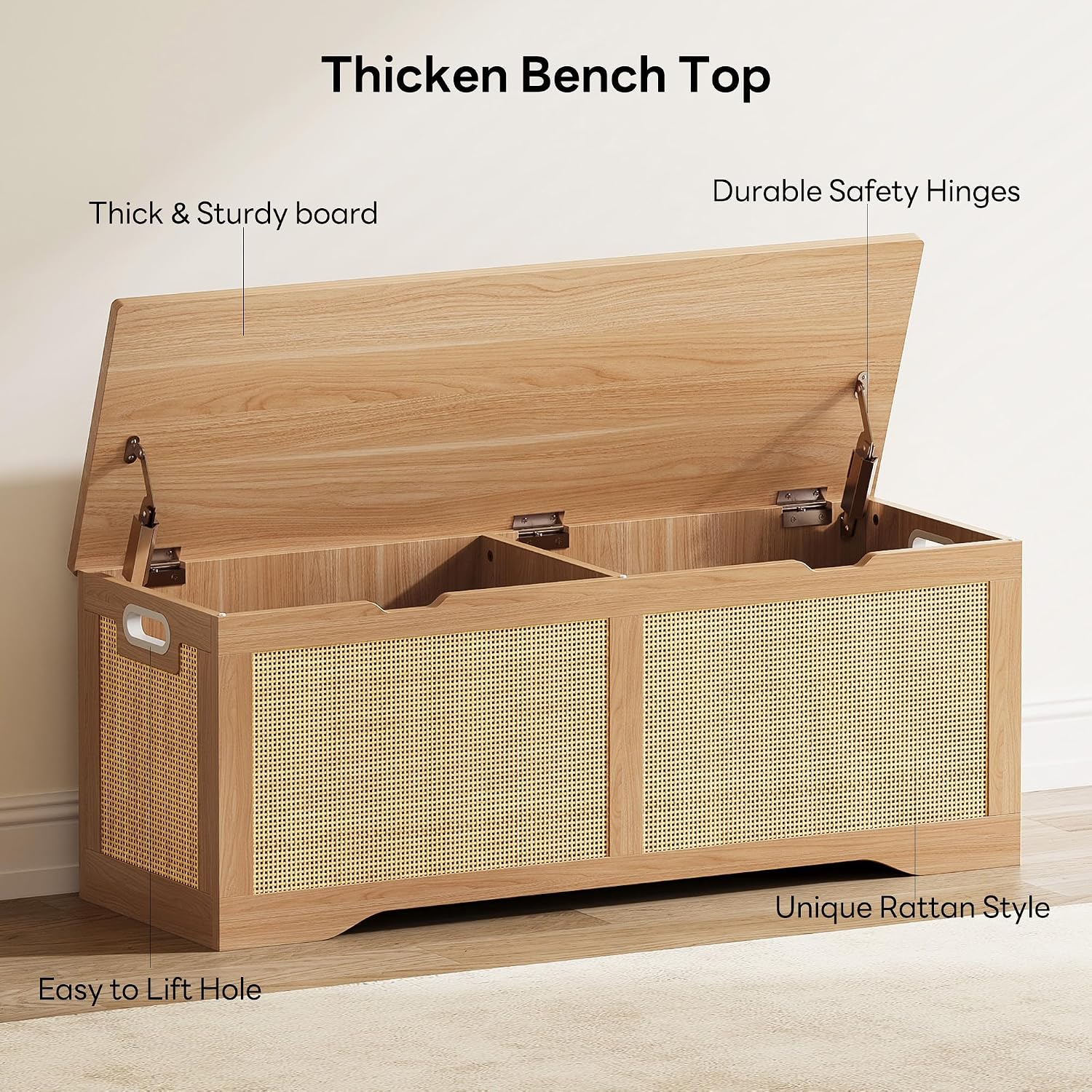 LIKIMIO 47.2" Rattan Storage Ottoman Bench Chest, Rustic Wood | Vintage brown rattan and wood frame; 330 lb support and 47.2 x 15.8 x 17.7 in size.
