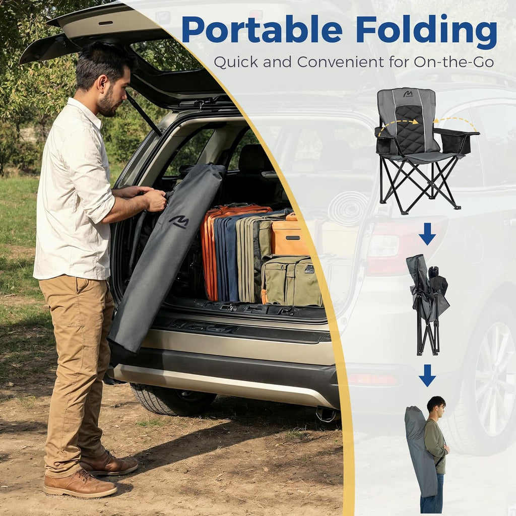 Oversized Padded Camping Chair, Heavy Duty Steel Frame, 450 lb Capacity, Folding Camp Chair with 6-Can Cooler, Carry Bag for Outdoor Camping, Beach, Hiking(Gray & Black)