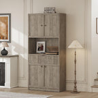 IDEALHOUSE Tall Storage Cabinet, 70" Kitchen Pantry Cabinet with Doors, Fluted Kitchen Hutch Cupboard with Microwave Shelf & Drawer, Freestanding Cupboard for Dining Room, Living Room, Gray