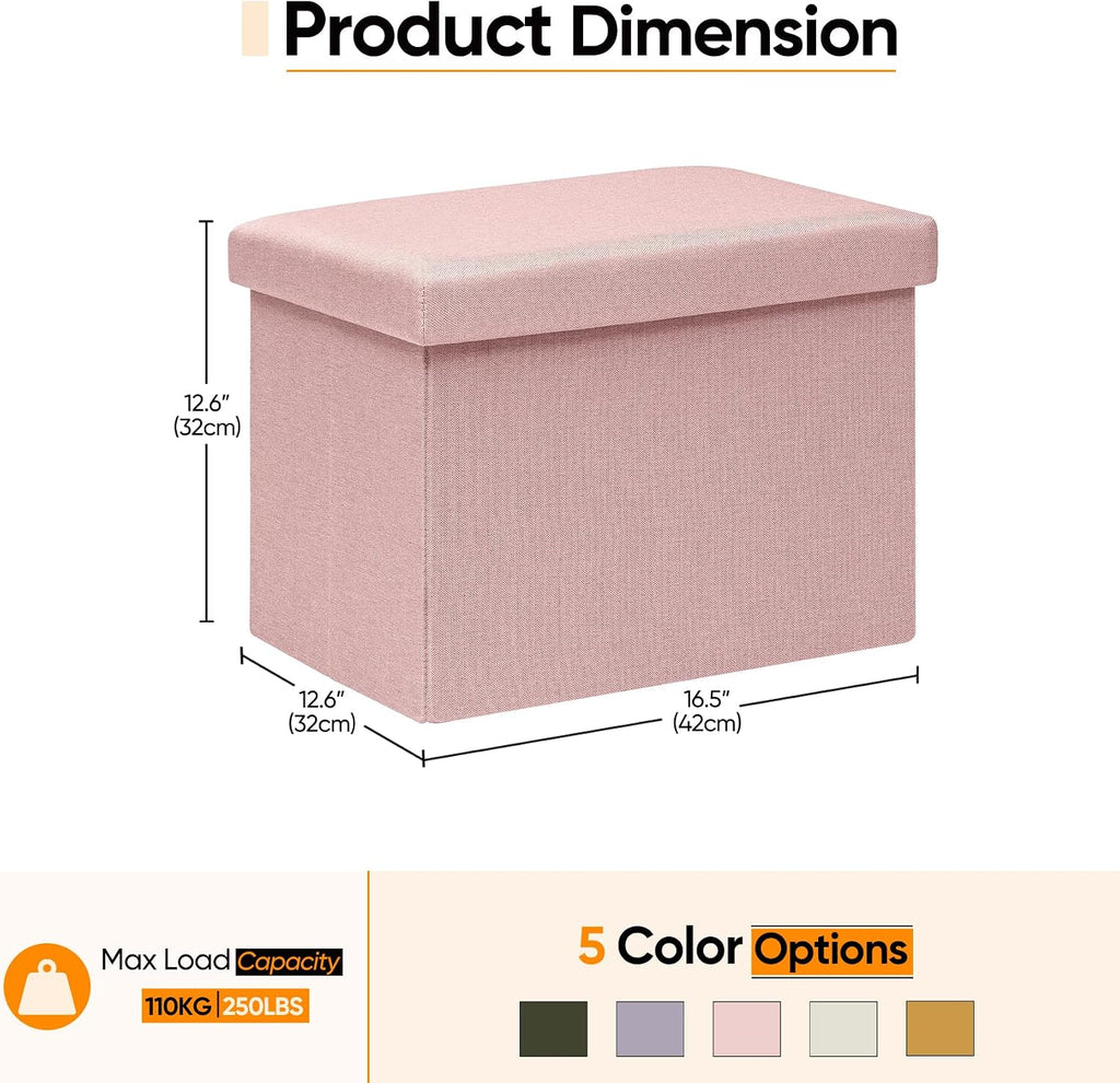 16.5 Inch Small Rectangular Storage Ottoman, Collapsible Footrest | Linen Fabric, Hidden Storage, Foldable Footstool with Padded Lid, Compact Size for Living Room, Bedroom and Dorm, Pink
