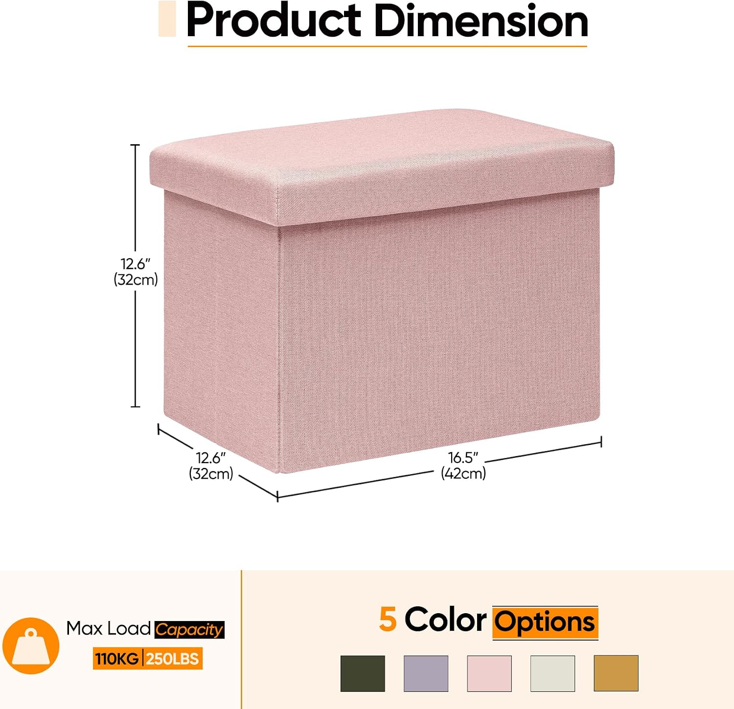 16.5 Inch Small Rectangular Storage Ottoman, Collapsible Footrest | Linen Fabric, Hidden Storage, Foldable Footstool with Padded Lid, Compact Size for Living Room, Bedroom and Dorm, Pink
