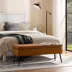 kinmars Leather Storage Ottoman Bench, End of Bed Bench with Steel Legs | Brown Leather Smooth Upholstery Design | 660 lb Capacity | Safety Hinges |Mid-Century Modern Style | Bedroom & Entryway
