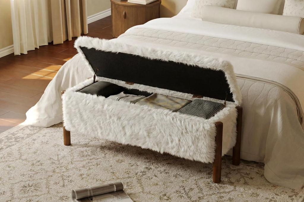 Modern Storage Benches with Walnut Wood Legs, 47'' Ottoman Bench with 20 Gallons Storage Space for Bedroom End of Bed, Faux Fur Fabric Upholstered Entryway Bench, Beige
