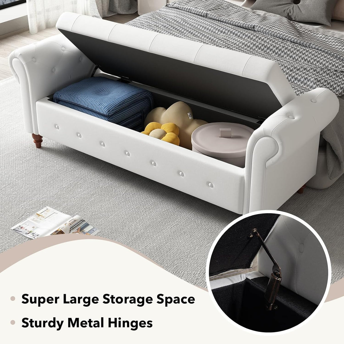 63" Wide Storage Bench, Polyester Upholstered End of Bed Bench with Pull Ring Design, Storage Shoe Cabinet Bench with Rolled Arm, Modern Window Bench for Bedroom (Cream White)