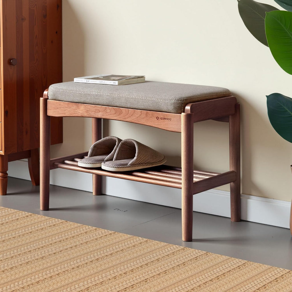 Solid Wood Shoe Bench, 24 Inch Entryway Bench with Gray Cushion | Rich walnut finish with soft gray cushion creates a warm modern seating piece for entryways and living spaces.