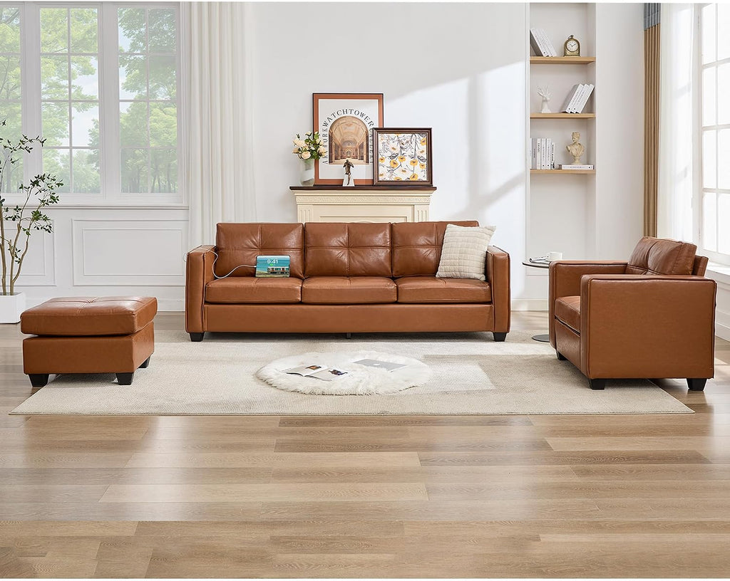 Brown Leather 3-Piece Sofa Set with USB & Type-C, Living Room Couch | TYBOATLE Sectional Couches, Comfy 3-Piece Living Room Furniture with Charging Ports, RV Office Apartment Bedroom, Brown