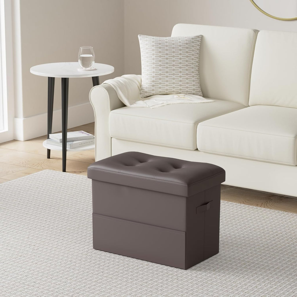 BelugaHelper Storage Ottoman Foot Rest Stool, Foldable Leather Footstool Storage Bench with Thicker Foam Padded Seat. Foot Rest Under Desk for Living Room Bedroom 350 lbs, 17x13x13 in, Brown