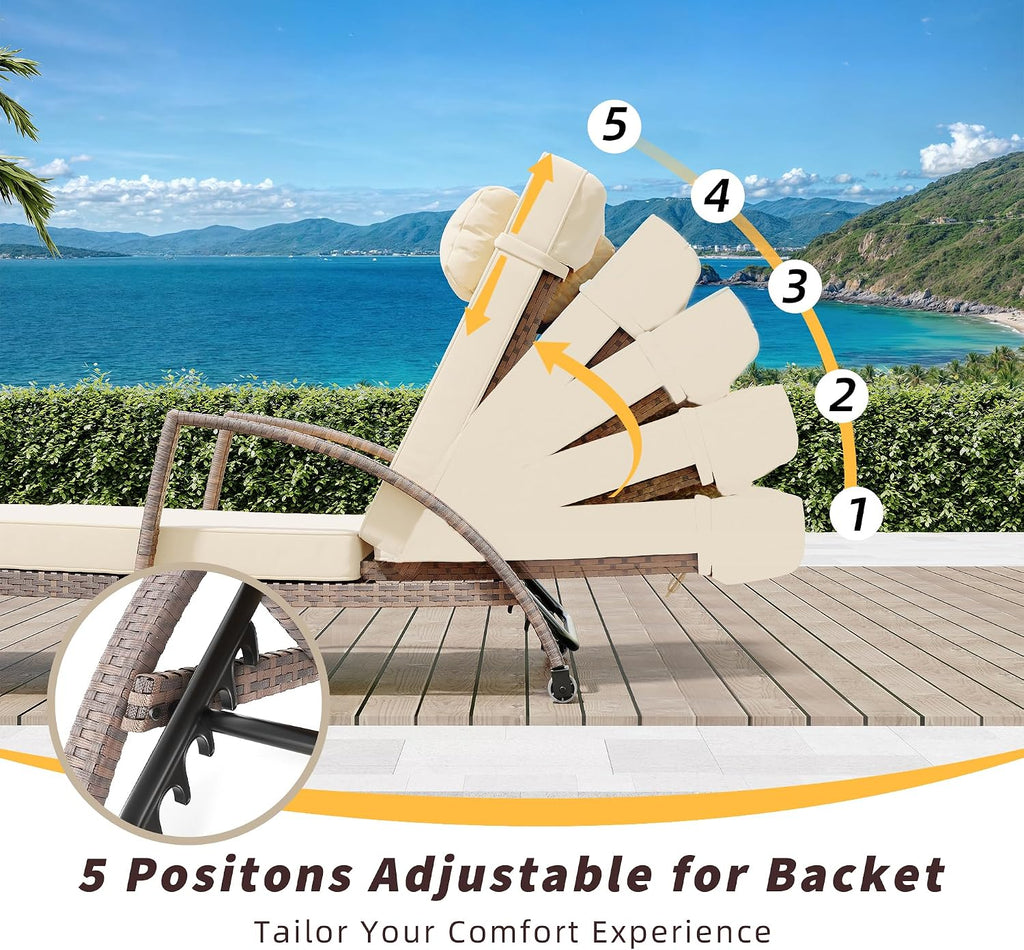 GarveeLife 2-Piece Rattan Patio Folding Chaise Lounge, 5-Position Adjustable Backrest Outdoor Lounge Chair with Cushion and Pillow for Poolside, Backyard, Deck, Porch, Beige