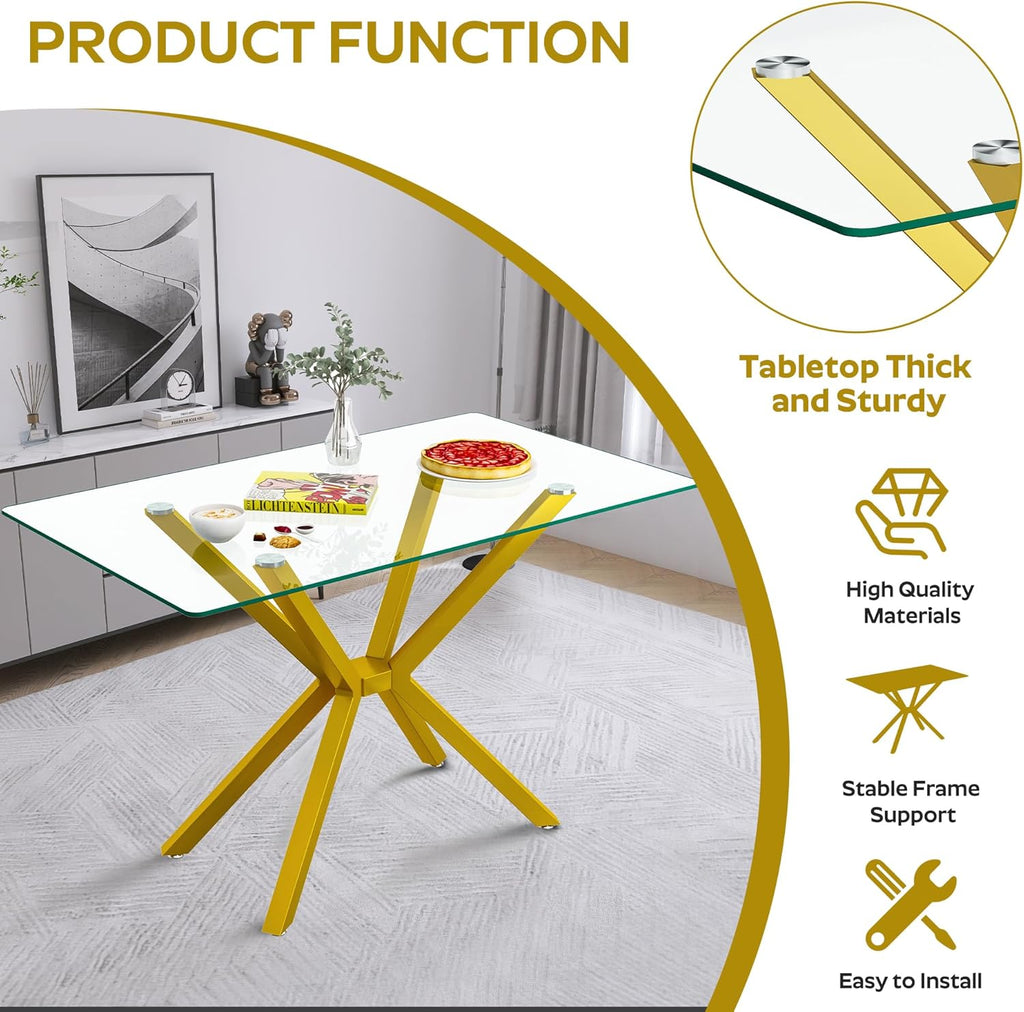 5-Piece 47" Dining Table with 4 PU Leather Chairs, Modern Dining Table Set for 4, Rectangle Kitchen Table with Golden Metal Legs for Dining Room, Kitchen(Black)
