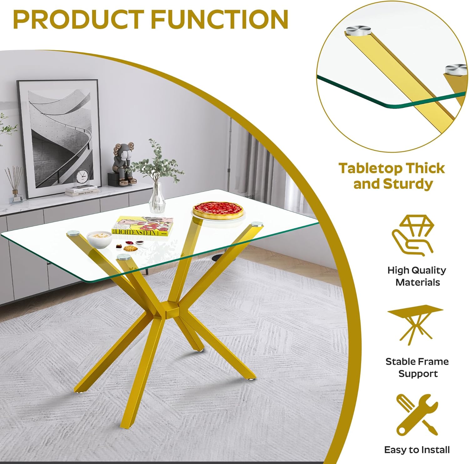 5-Piece 47" Dining Table with 4 PU Leather Chairs, Modern Dining Table Set for 4, Rectangle Kitchen Table with Golden Metal Legs for Dining Room, Kitchen(Black)