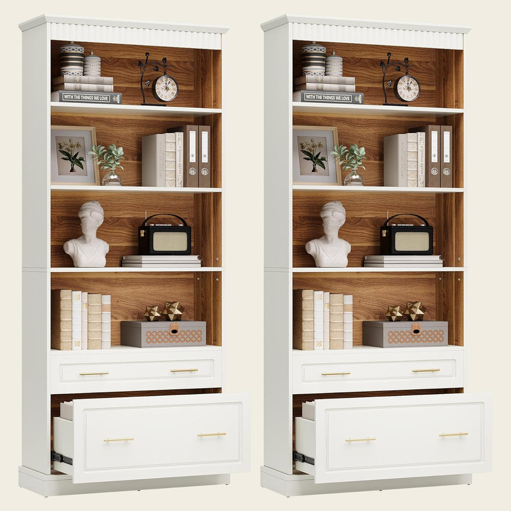 Tribesigns 5-Shelf Bookcase with File Cabinet Drawer, 72" Tall Bookshelf, Modern Free-Standing Wood Bookcase, Large Open Display Storage Book Shelf for Living Room (2pcs, White)