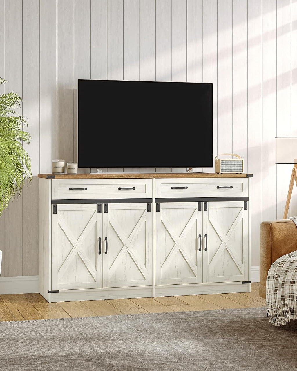 Hzuaneri Kitchen Storage Cabinet, Buffet Cabinet with Storage, Modern Farmhouse Sideboard Cabinets with Drawer, 55.1" Coffee Bar Cabinets with Doors & Adjustable Shelves, for Kitchen, White Brown