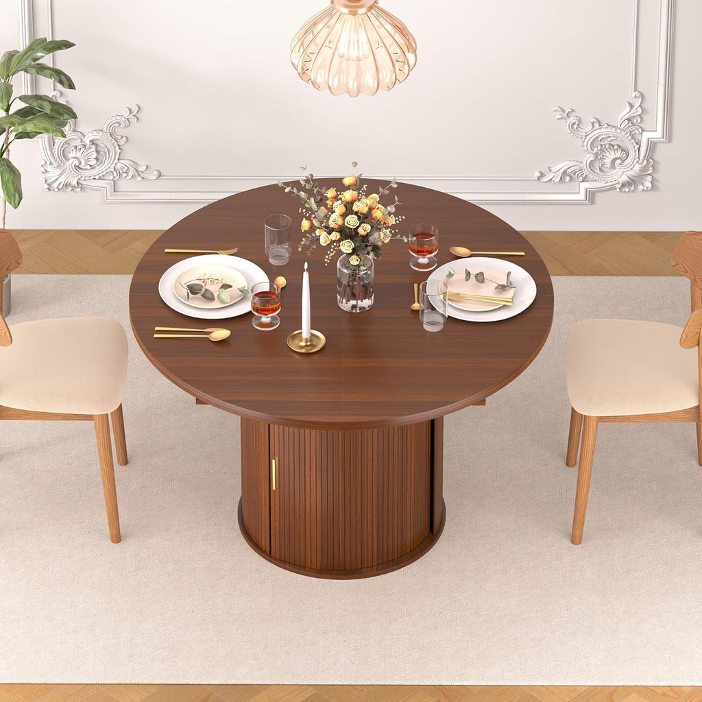 Extendable Round Dining Table: 47″–63″ Kitchen Table for 4 6 8 with Dust-Proof 2-Tier Storage Shelf Space Saving, Modern Farmhouse Expandable Wood Oval Circle Dinner Furniture with Pedestal Base