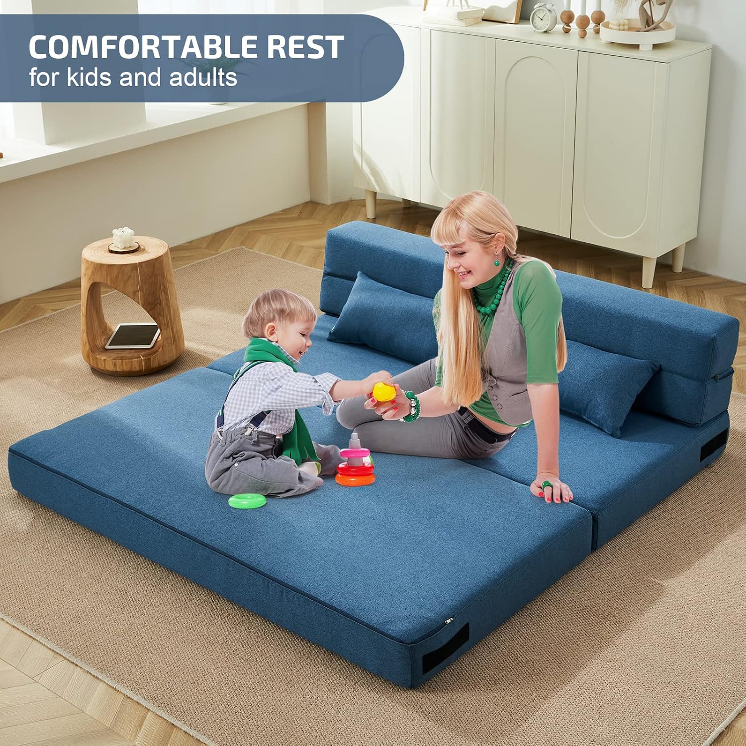 SUYOLS Folding Sofa Bed with Pillows- Convertible Chair Floor Couch & Sleeping Mattress, Foldable Memory Foam Sleeper for Living Room/Dorm/Guest Room/Home Office/Apartment/Loft, Queen, Navy Blue