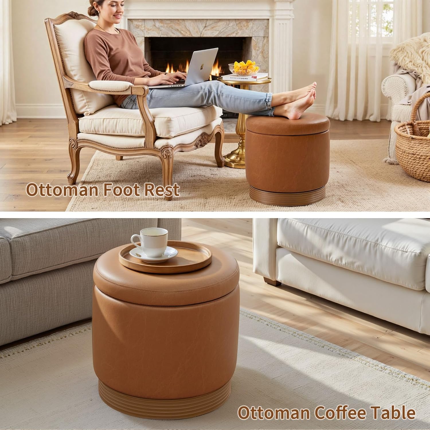 19" Round Swivel Storage Ottoman with Tray Top, Upholstered Faux Leather Foot Stool with Solid Acacia Wood Base 500 lbs Modern Accent Footrest for Living Room & Bedroom Fully Assembled Brown