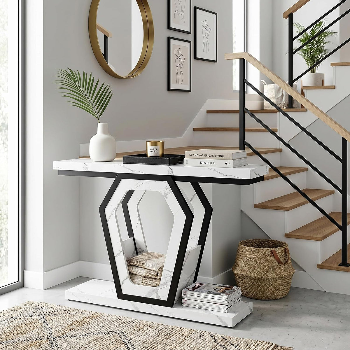 senlin Sofa Table 47.3 Inch Narrow Console Table with Openwork Frame, Industrial Entryway Table for Hallway, Rustic Wood and Metal, Adjustable Leg Pads, Easy Assembly（White Marble Texture）
