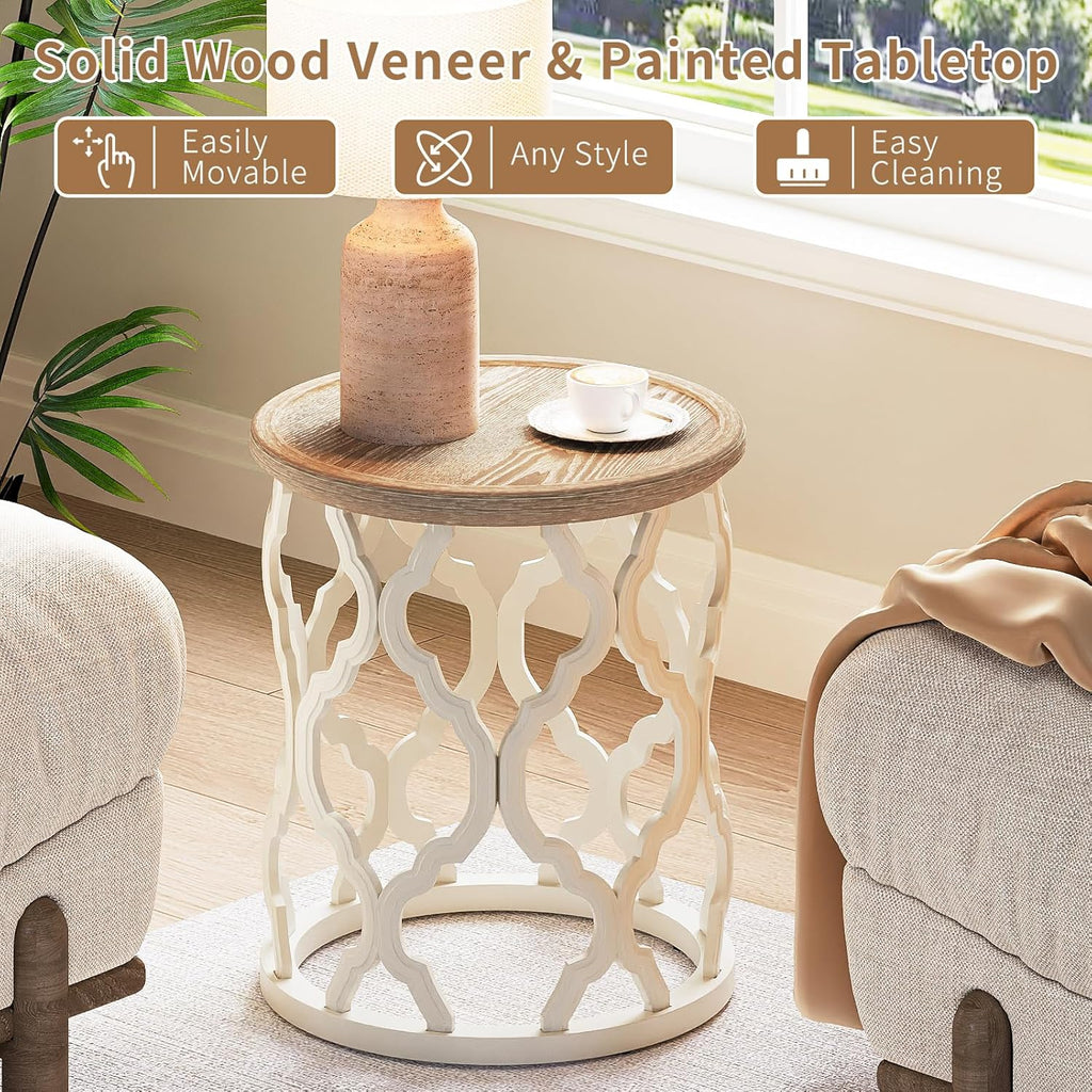 karlott Farmhouse End Table, 18.5'' French Country Round Side Table, Distressed Tray Top Side Table with Curved Motif Frame Base for Boho, End Tables Living Room, Bedroom, Small Space, Cream Beige