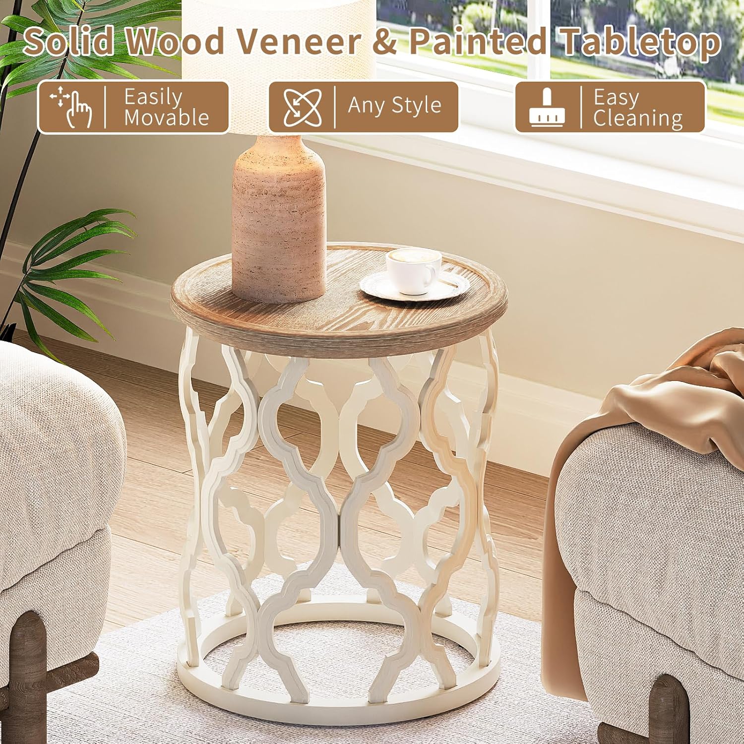 karlott Farmhouse End Table, 18.5'' French Country Round Side Table, Distressed Tray Top Side Table with Curved Motif Frame Base for Boho, End Tables Living Room, Bedroom, Small Space, Cream Beige