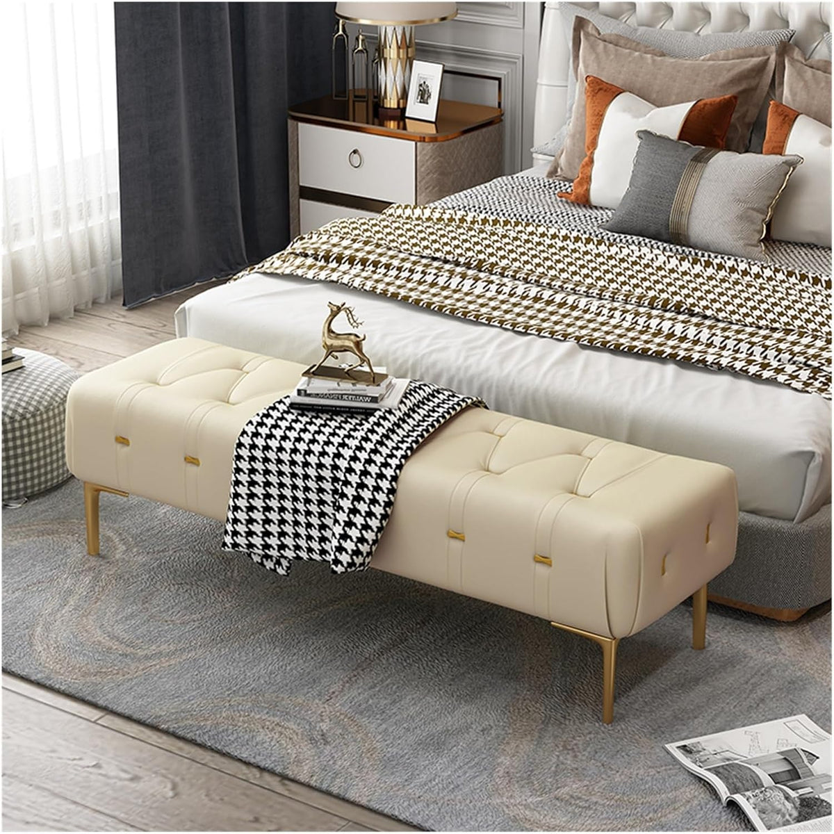 Modern Upholstered Tufted Bench with Padded Seat, Footrest Foot Stool with Sturdy Metal Leg, Leather for Bedroom Living Room Entryway Entryway(Beige,100 * 40 * 43cm)