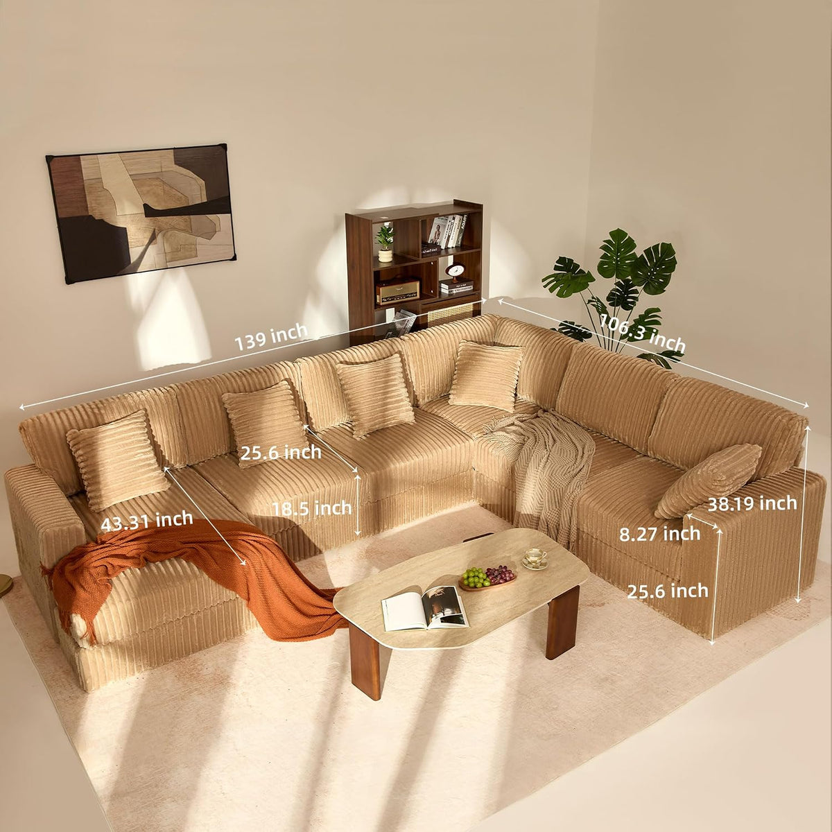 GOSUHI 139" U-Shaped Cloud Couch, Modular Sectional, Deep Seats, Camel | Pocket Spring Cushions, Oversized 7-Seater, Left Facing Chaise, Corduroy Upholstery Couches for Living Room