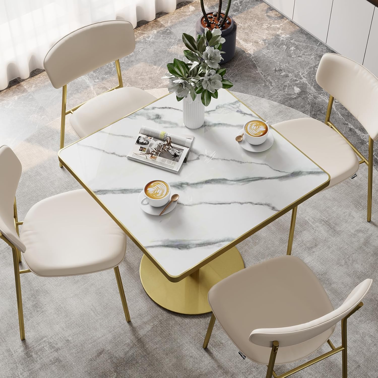 31.5'' Square Modern Dinning Table with Sintered Stone Tabletop, Golden Edge & Pedestal Base, Bistro Tulip Table for 2-4 Person for Dining Room/Cafe/Small Spaces/Restaurant (Snow Peak Marble)