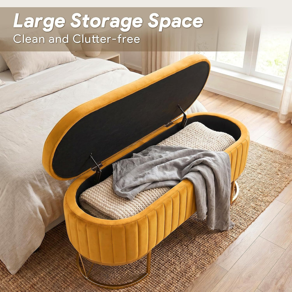 Storage Bench Bedroom Bench, Velvet Oval Upholstered End of Bed Bench with Golden Metal Legs, 46” Modern Storage Ottoman Bench for Bedroom, Living Room, Entryway, Window, Mustard