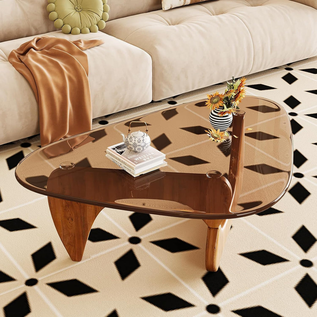 Coffee Table for Living Room Mid Century Modern Center Table with Glass Top and Wood, 32 Inch, Brown/Walnut
